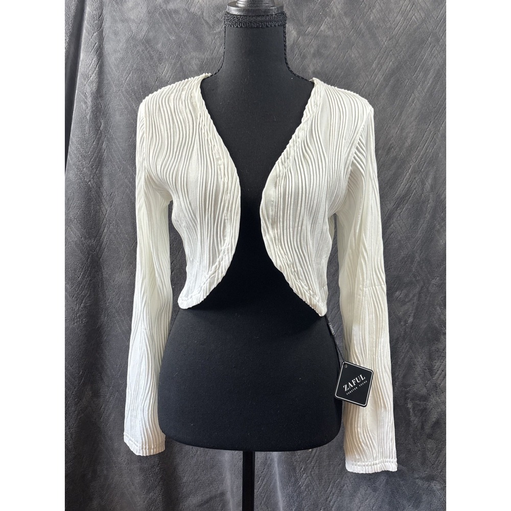 Zaful NWT Ribbed Cardigan Long SL Open Front Crop Top White Shrug Hippi Boho Sm